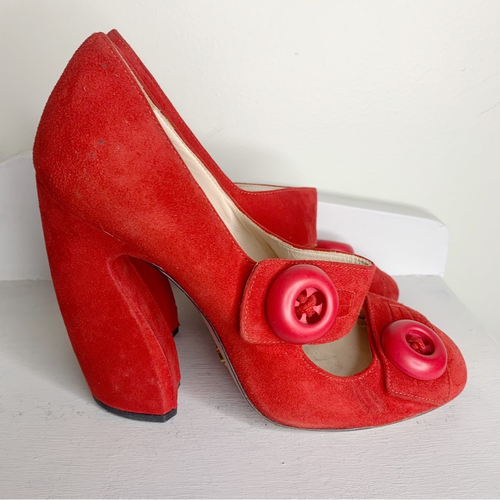 Prada Red Suede Round-Button Mary Jane Heels